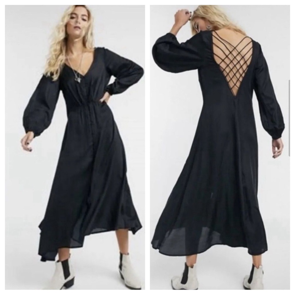 Free People Later Days Midi Button Front Lattice Back Black Dress size 2